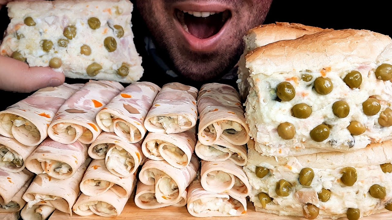 ASMR OLIVIER SALAD WITH HAM ROLLS MUKBANG|EATING SOUNDS|موکبانگ سالاد الویه با رولت ژامبون