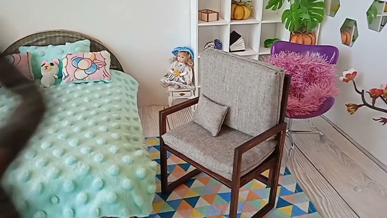 Coffee chair 1/6 scale chair, miniature dollhouse furniture brown wood, coffee fabric boho style