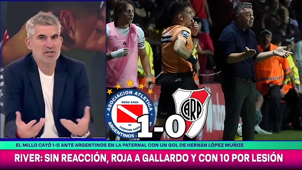 River sin reacción: roja a Gallardo y derrota ante argentinos jrs, argentinos jrs 1 river 0