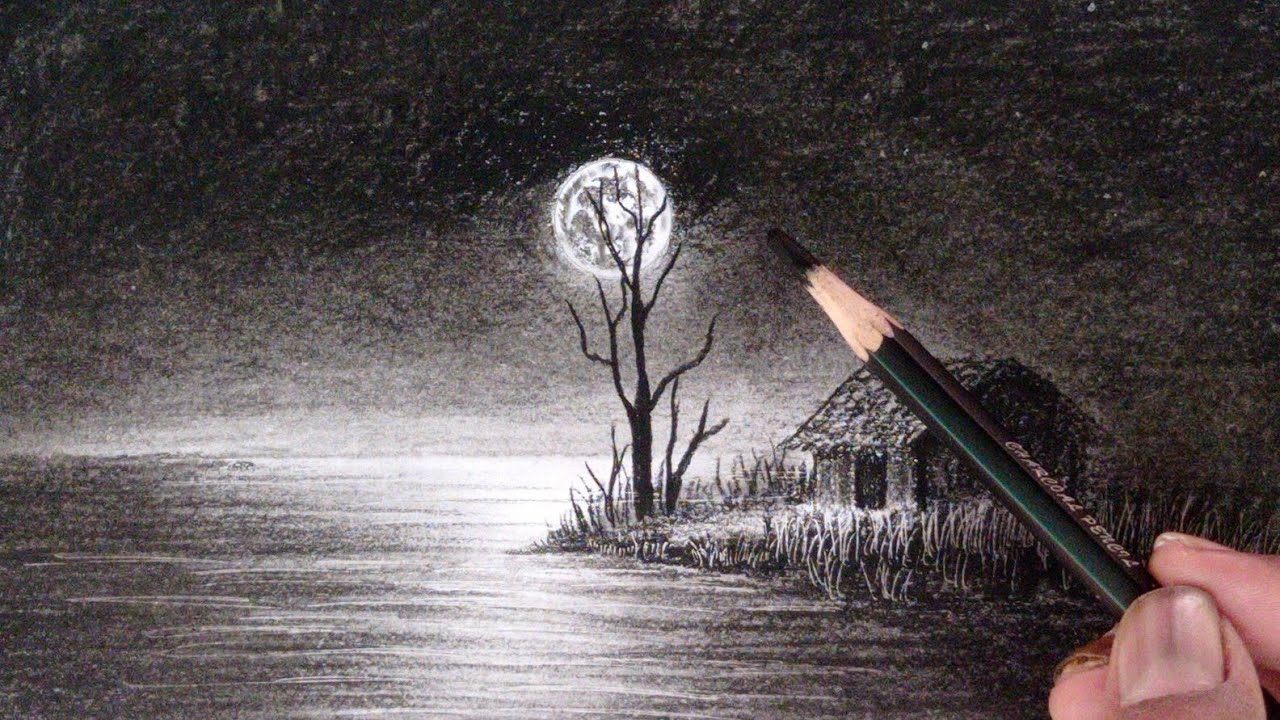 Pencil drawing night mode moonlight landscape scenery easy//