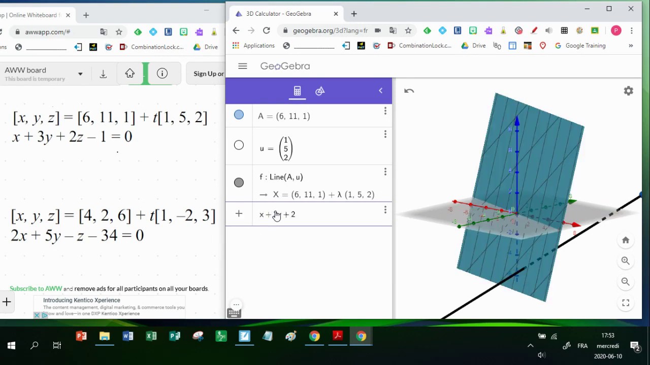 MCV4U La nature de l'intersection d'une droite et d'un plan en 3D à l'aide de Geogebra