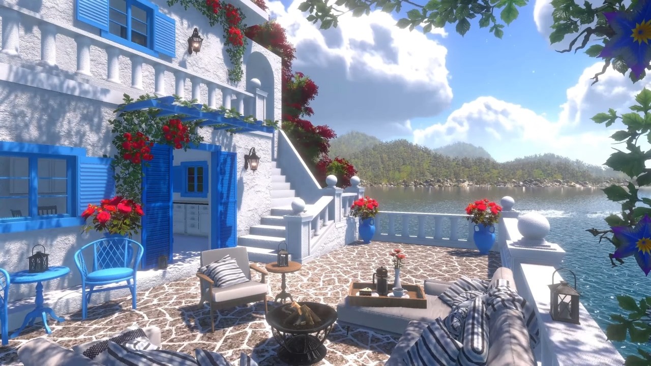 Greek Terrace | Day & Sunset Ambience | Ocean Waves & Nature Sounds