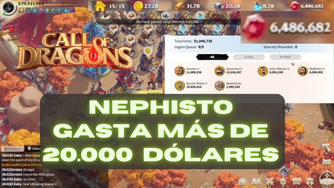 Call of Dragons Gameplay Español El Jugador Nephisto Gasta 20000 Dólares o Más 500 Millones de Poder