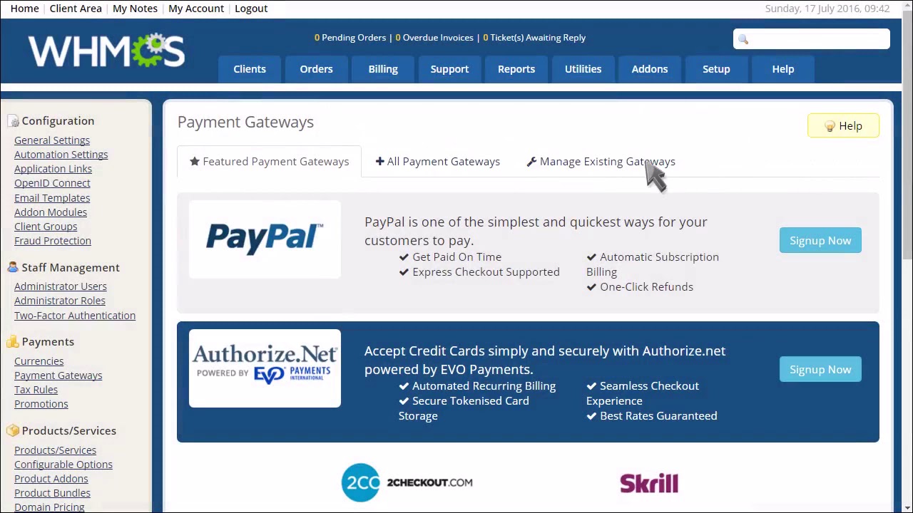 How to setup payment gateways in WHMCS