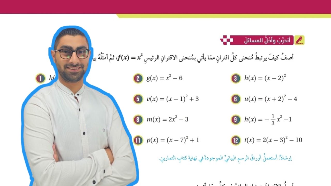 ( 55 ) حل اسئلة الدرس الرابع : التحويلات الهندسية للاقتران التربيعي ( كتاب الطالب )