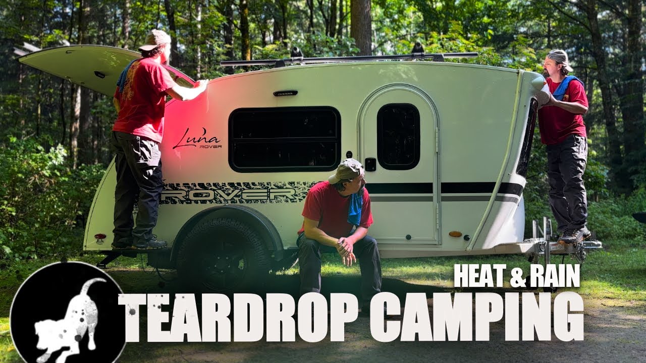 TEARDROP CAMPING ADVENTURE. Teardrop trailer adventure. Campfire. RAIN. #camping #dog #intech #luna