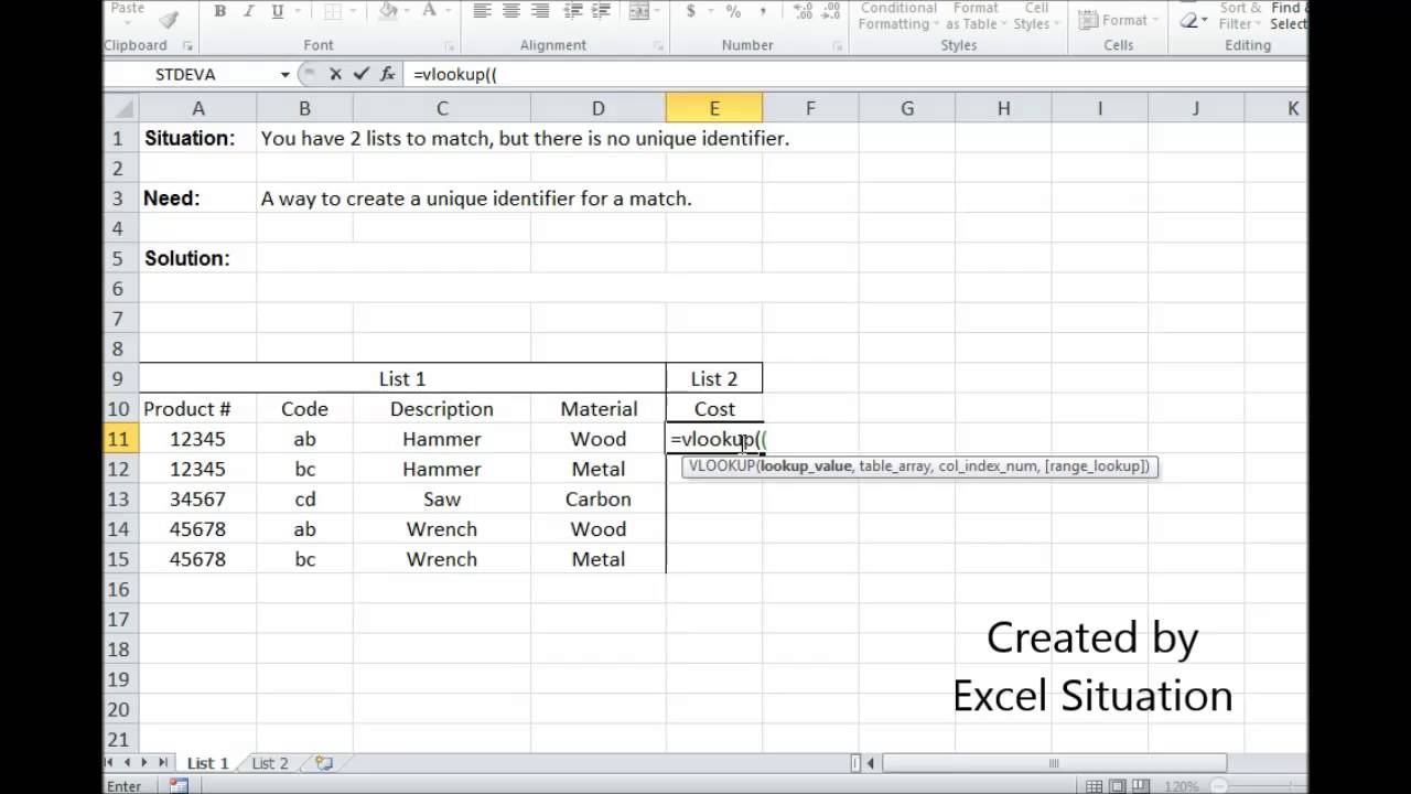 Excel create a unique identifier for a VLookup