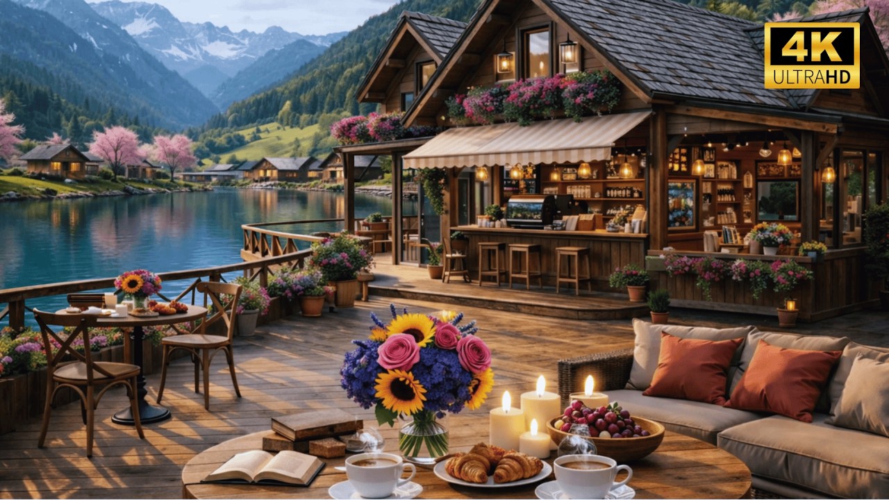 Relaxing Spring Morning Jazz 🌸 Cozy Outdoor Coffee Shop Ambience with Smooth Piano for Work & Study