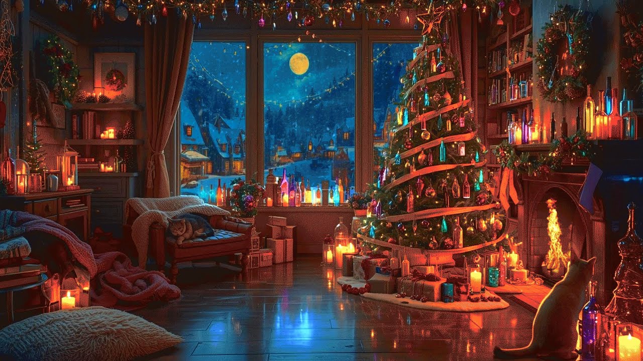 Christmas Shelter Ambience | Enchanted Fireplace Fire Sounds &  Cats  Magical | Christmas Camping