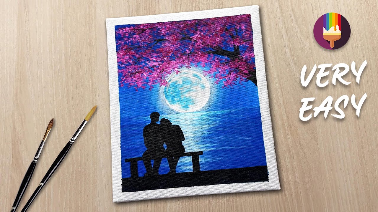 Easy Painting for Couples! 🌸 Cherry Blossom Night with Cotton Swabs (Step-by-Step)