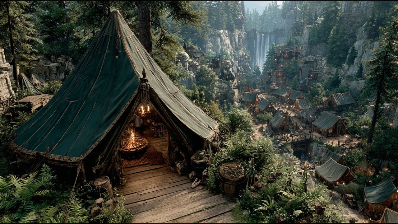 The Waterfall Hollow Bazaar in Pinecrown Vale | Medieval Fantasy Music & Animated Ambience