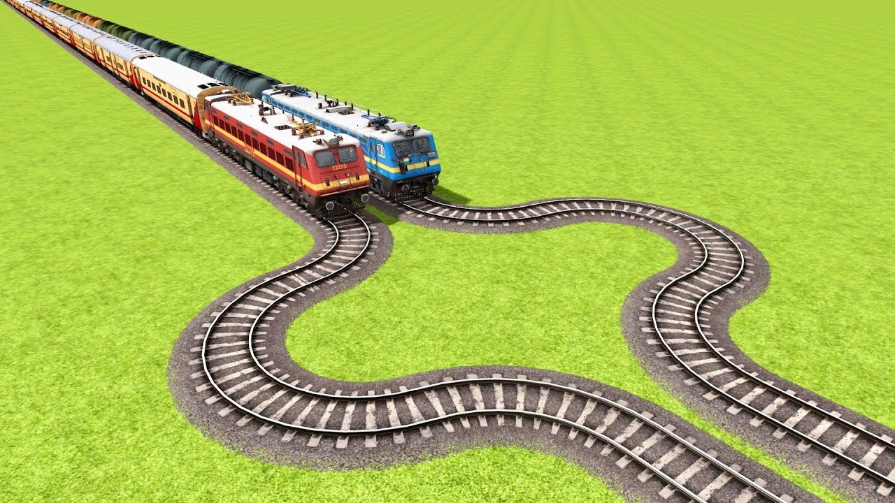 TWO ELECTRIC TRAINS VS IMPOSSIBLE TURNING AT THE MAIN RAILWAY LINE ▶️ Train Simulator | TrainsFun