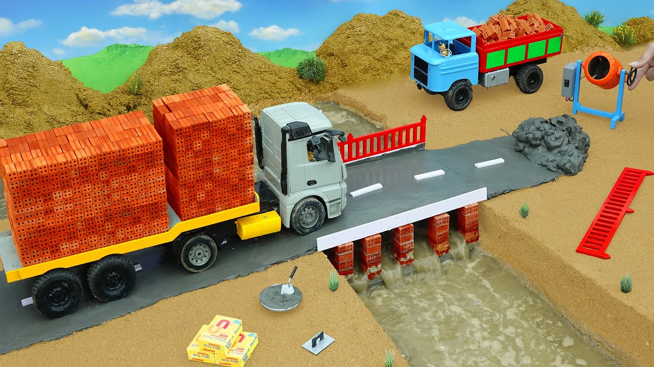 DIY RC Mini Truck Builds Brick and Metal Bridge | Village Construction Science Project