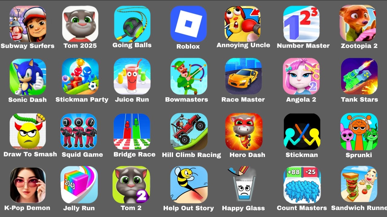 Minecraft,Bowmasters,Zombies Tsunami,Roblox,Mario Run,Zombie Master,Hay Day,Coin Rush,Going Balls