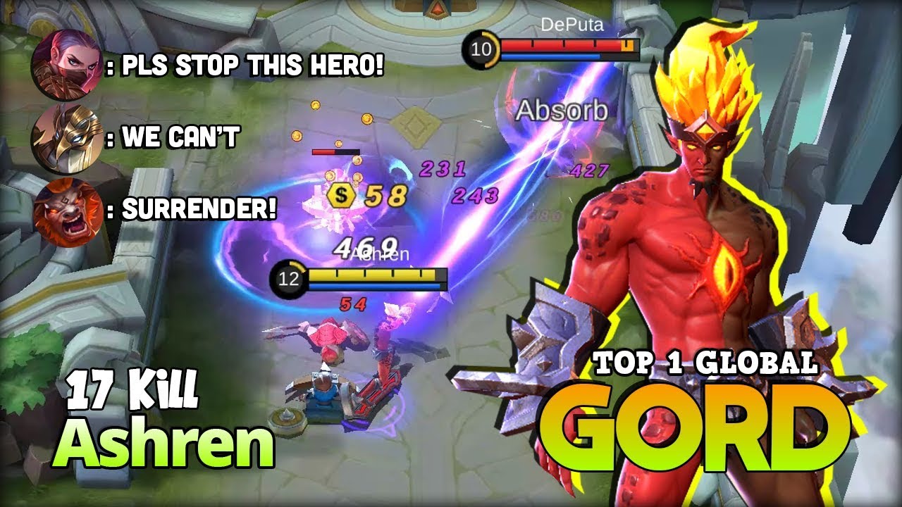 Non Stop Gank! Crazy Gord Mid Lane 17 Kill! Ashren Top 1 Global Gord ~ Mobile Legends