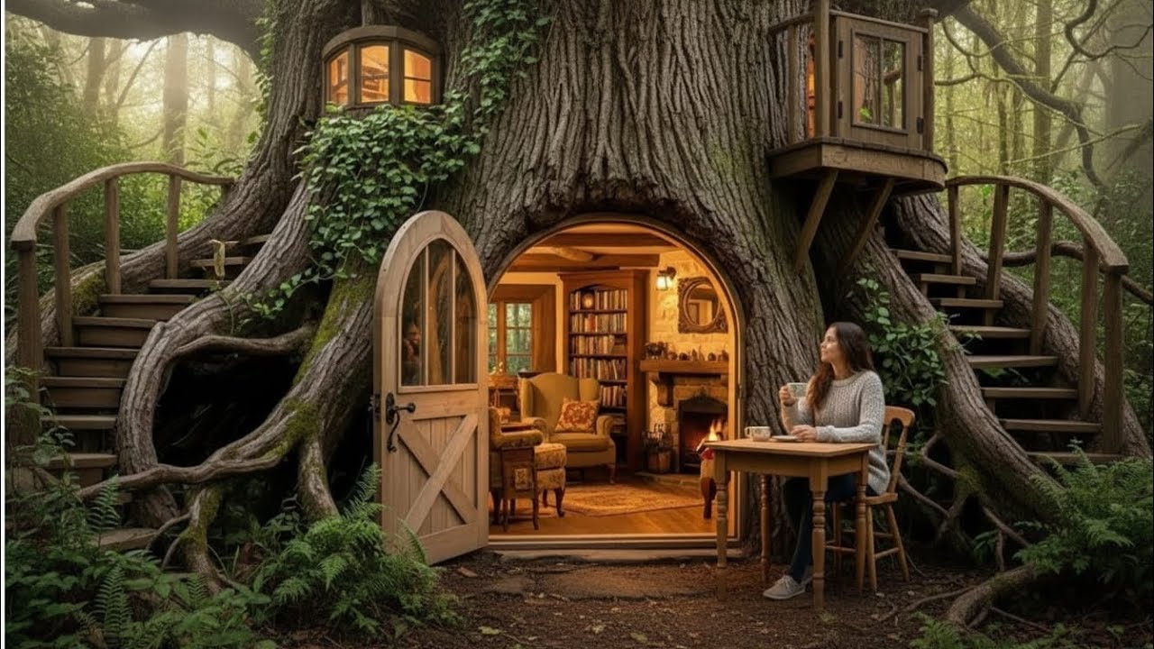 She Built a Secret House Inside a Giant Tree Stump | Forest Survival ASMR