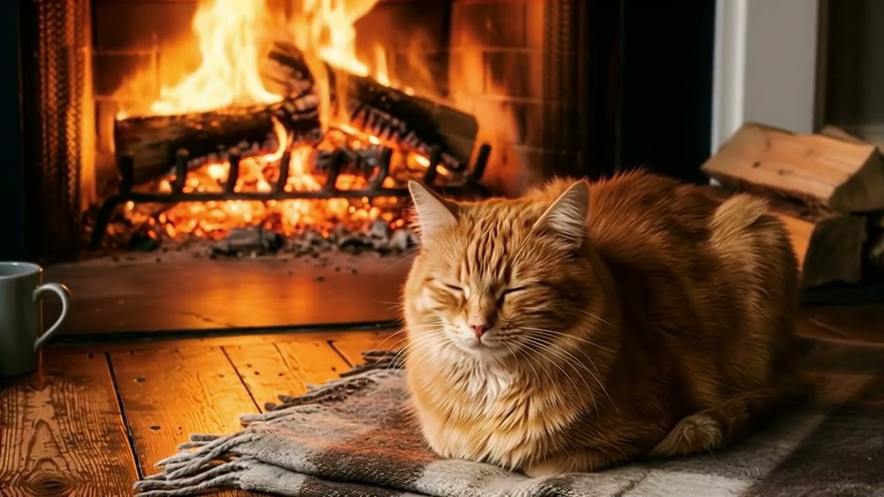 Sleepy Cat Purring by the Fireplace | Cozy Blanket Ambience 9 Hours [Deep Sleep · Relax · Calm]