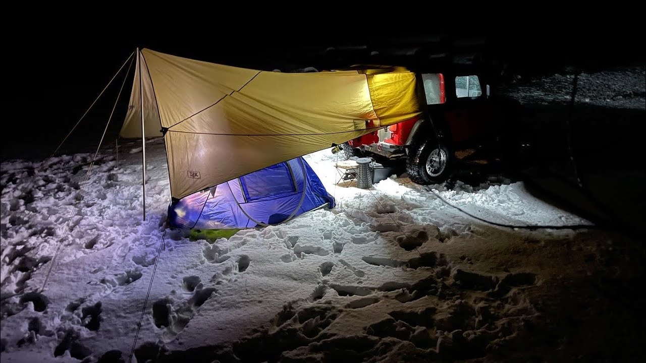 Winter Hot Tent Camping in my Jeep Wrangler Tj - Heavy Rain and Snow