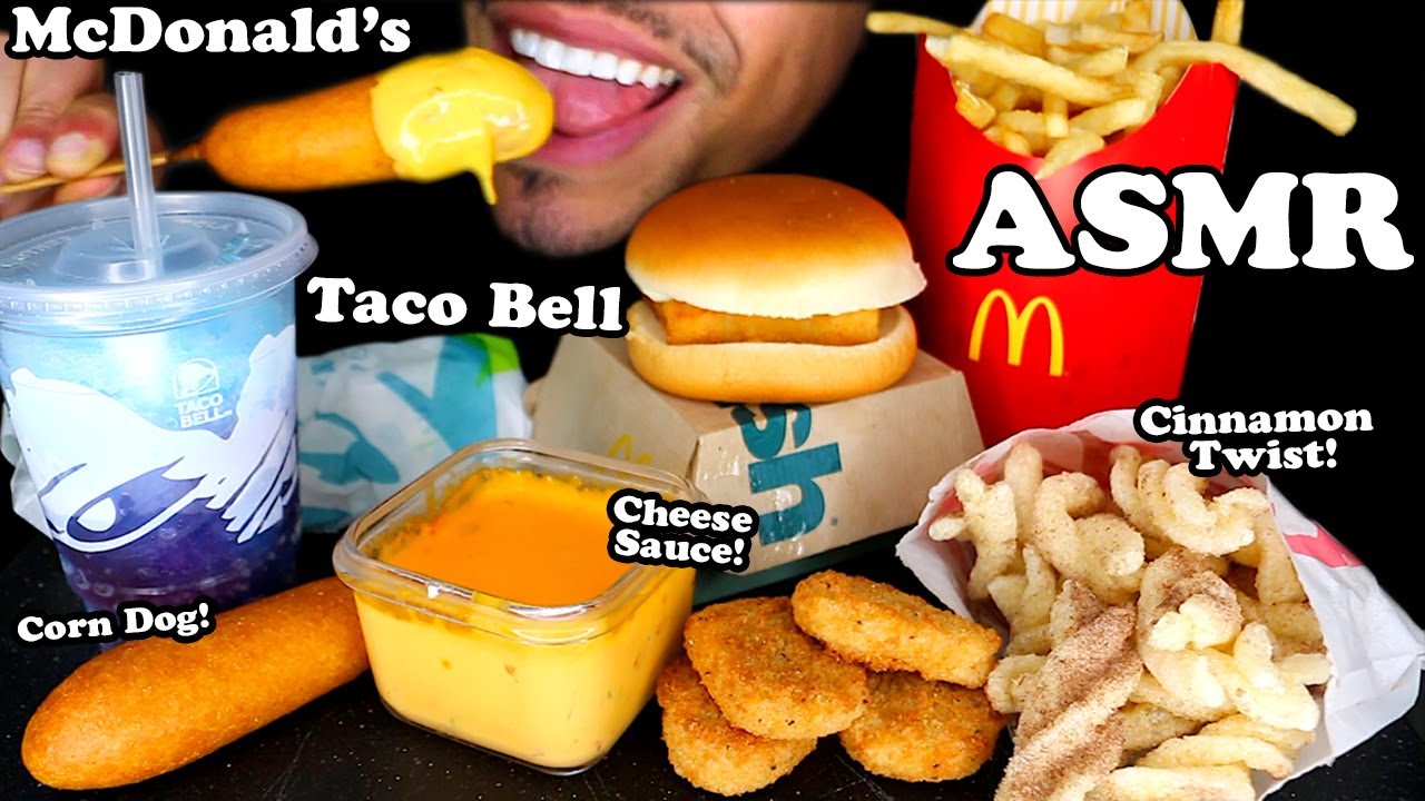 MCDONALDS vs. TACO BELL CHICKEN NUGGETS CORN DOG CHEESE SAUCE CINNAMON TWIST FISH FILET FRIES ASMR