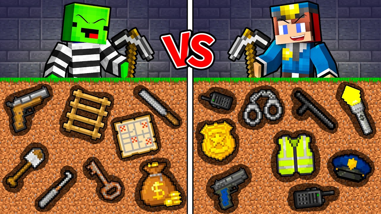 JJ and Mikey : CRIMINAL vs POLICE Items Mine Battle in Minecraft ! - Maizen