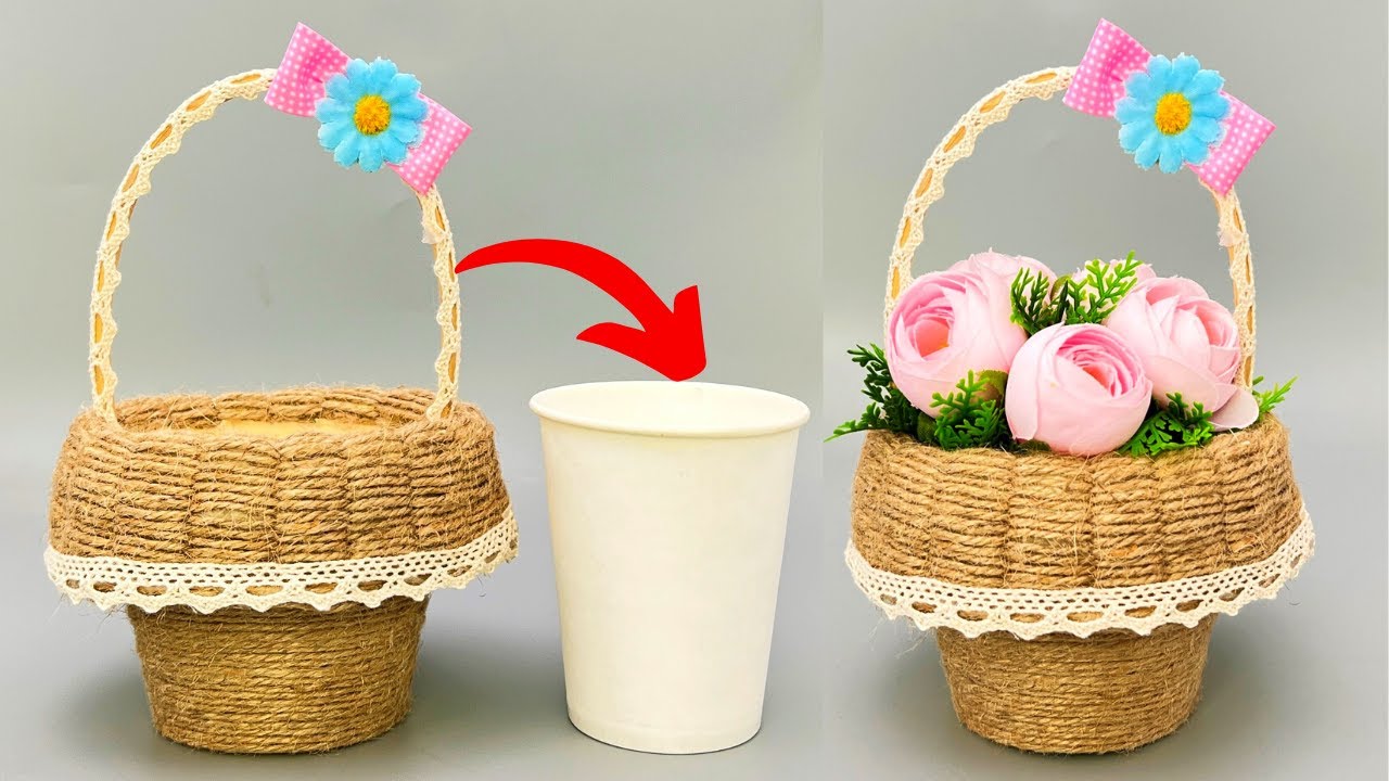 Amazing Ideas DIY Basket Made Of Cardboard Cups! Cosulet din pahar de carton si sfoara de iuta!