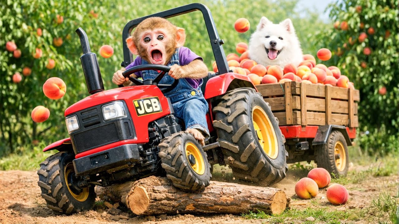 Monkey Farm Tractor Saves A Samoyed Dog In Peach Orchard! - Monkey Farm Work | Zuko Monkey Farm