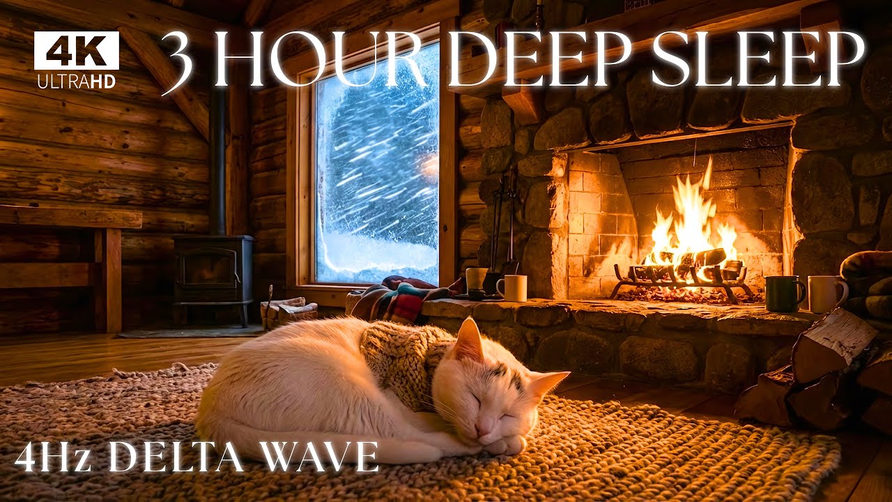 3 Hours Deep Sleep 💤 | 4Hz Delta Wave for Insomnia | Cozy Snowstorm Cabin | Pure Felt Piano