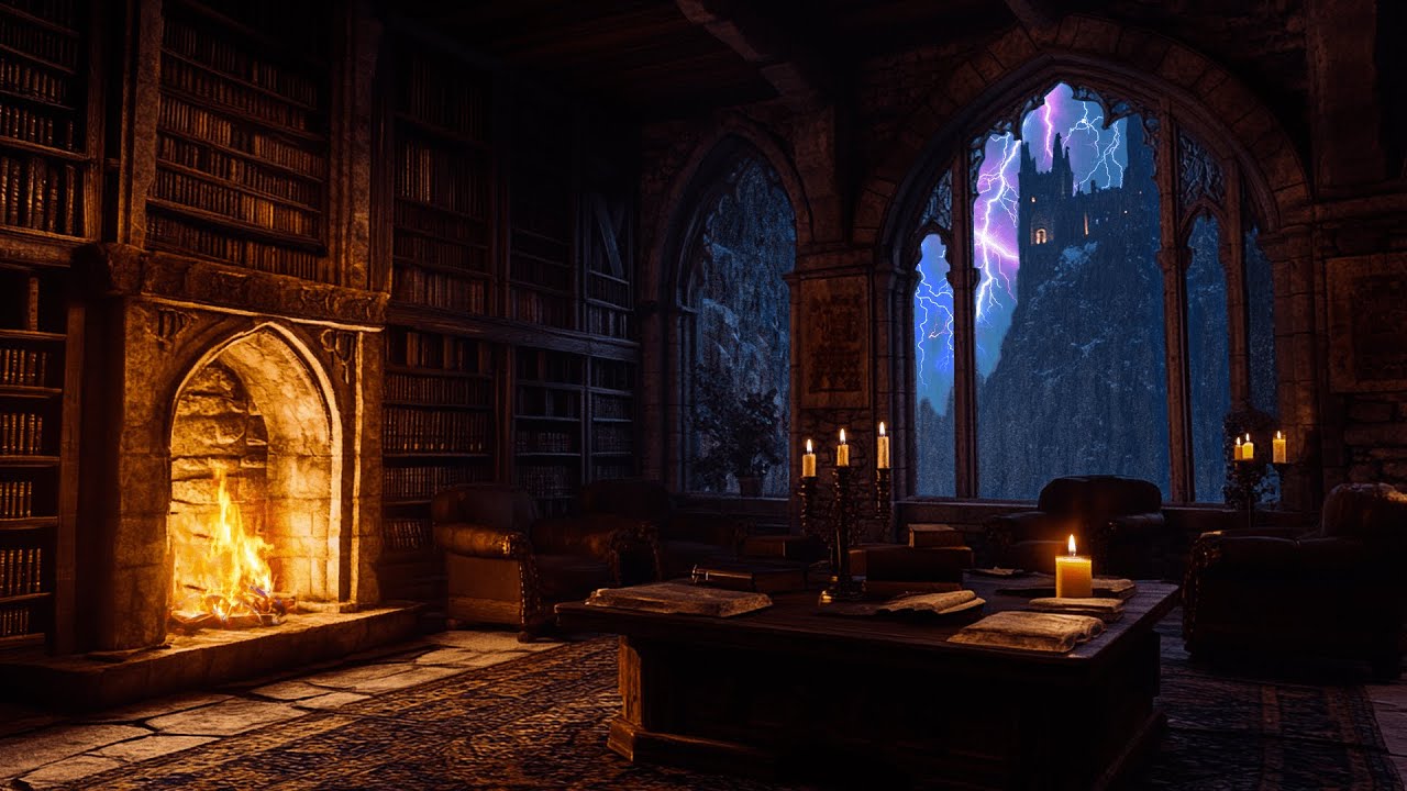 Gothic Castle Library 🏰📚 | Cozy Fireplace Ambience with Relaxing Harp for Reading & Deep Focus
