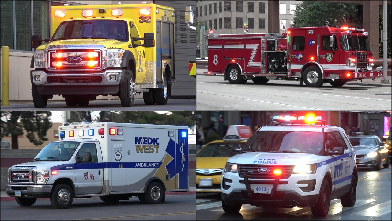 BIG WAVE! - Fire Trucks, Police Cars and Ambulances responding with siren and lights