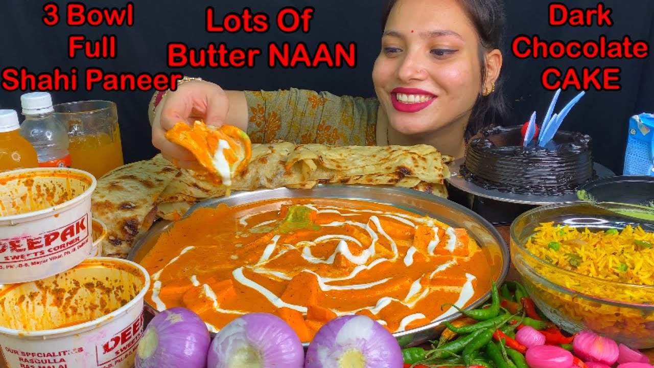 EATING 3 BOWL FULL SHAHI PANEER, FRIED RICE, LOTS OF BUTTER NAAN, DARK CHOCLATE CAKE |FOOD CHALLENGE