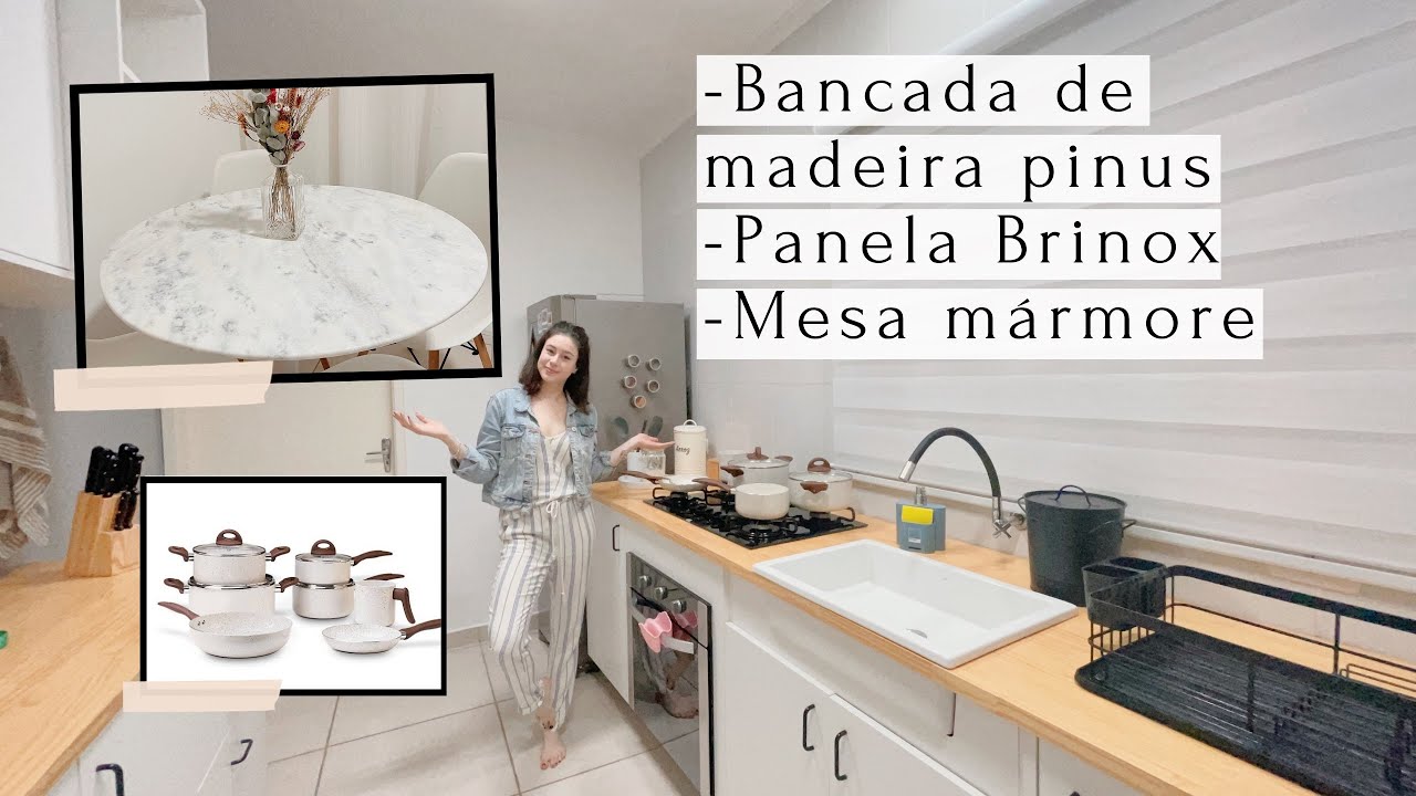 TUDO SOBRE A MINHA BANCADA DE MADEIRA PINUS + JOGO DE PANELA BRINOX + MESA DE MÁRMORE