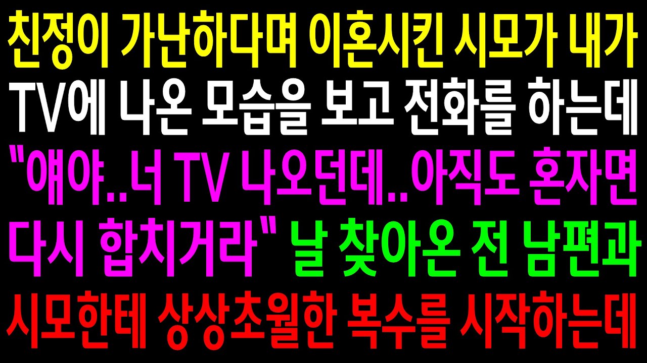 친정이 가난하다며 이혼시킨 시모가 내가 TV에 나온 모습을 보고 전화를 하는데..날 찾아온 전남편과 시모한테 상상초월한 한방을 시작하는데