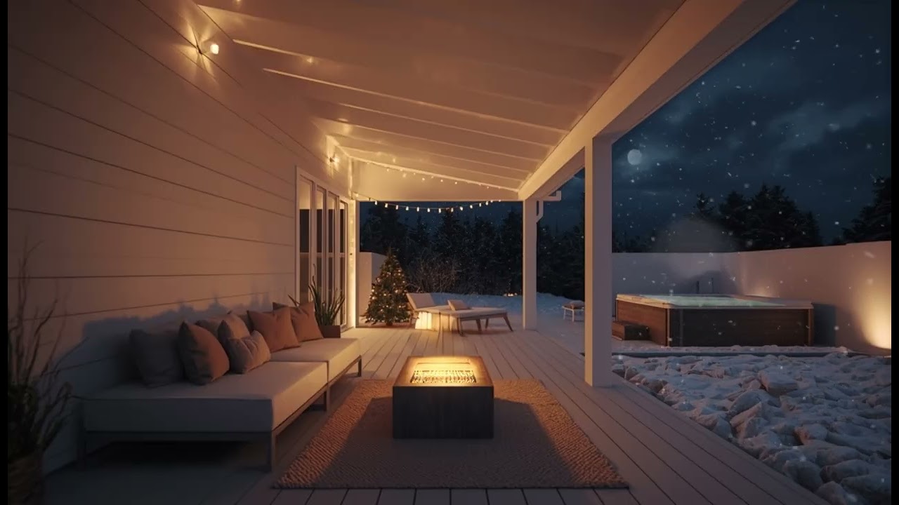 Minimalist Snowy Porch ❄️ Gas Fireplace Ambience | Cold Night for Deep Sleep (8 Hours)