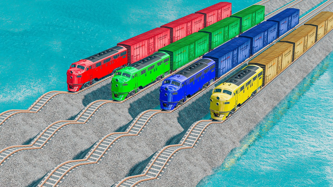Quadruple Colorful Trains Vs Wavy Impossible Weird Rails Tracks Crossing Deepwater | BeamNG.drive