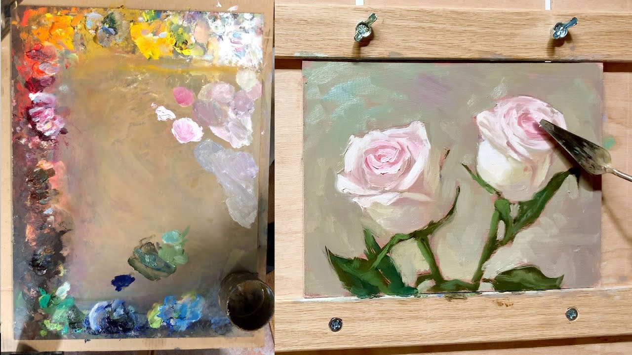 Two pink roses oil painting demo by Aleksey Vaynshteyn
