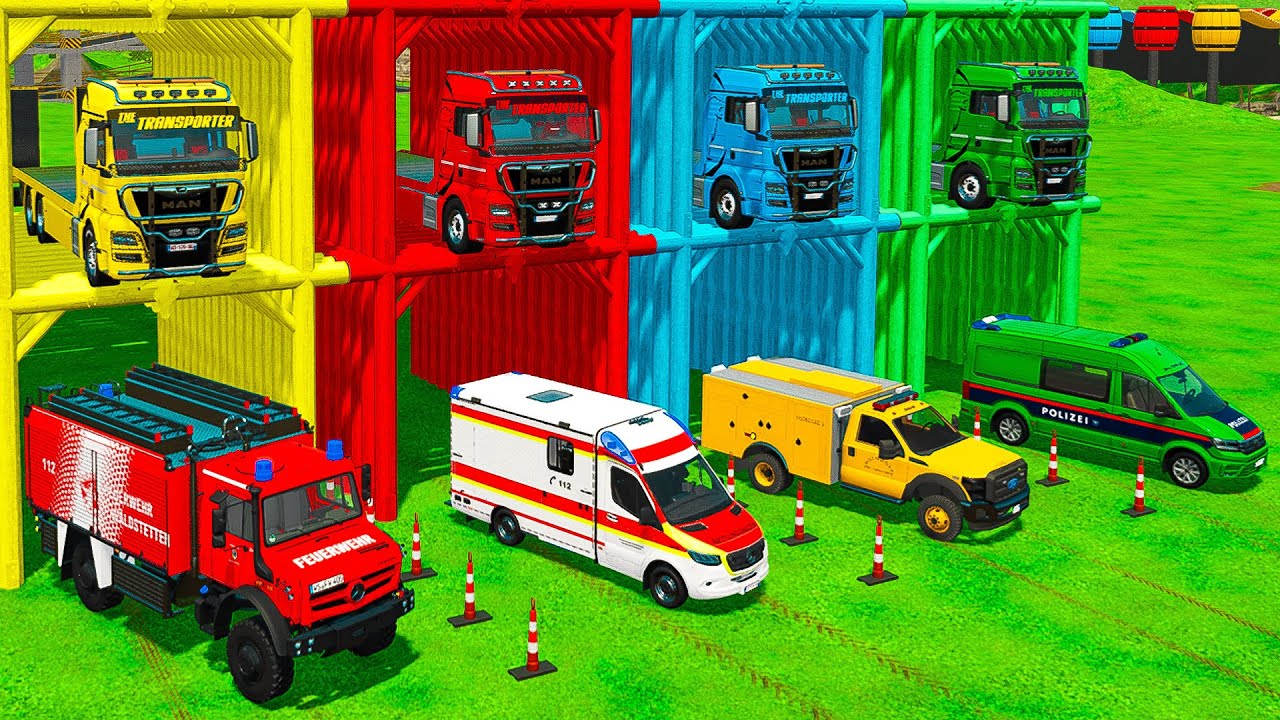 GERMAN FIREFIGHTERS AND AMBULANCE EMERGENCY CARS, RESCUE TRANSPORTING WITH GARAGE ! FS22