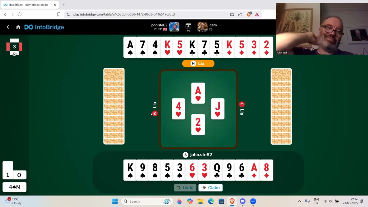 5 hands against a top bridge player Daniel Korbel - 23rd August 2025