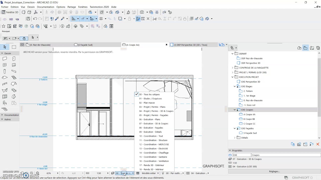 Initiation Archicad: comment régler les différentes vues et plans pour la mise en page