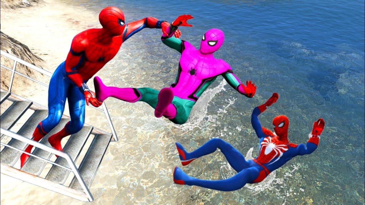 GTA 5 Rainbow Spiderman Team Jumping into Pool in! (Spiderman Fails & Ragdolls) #47