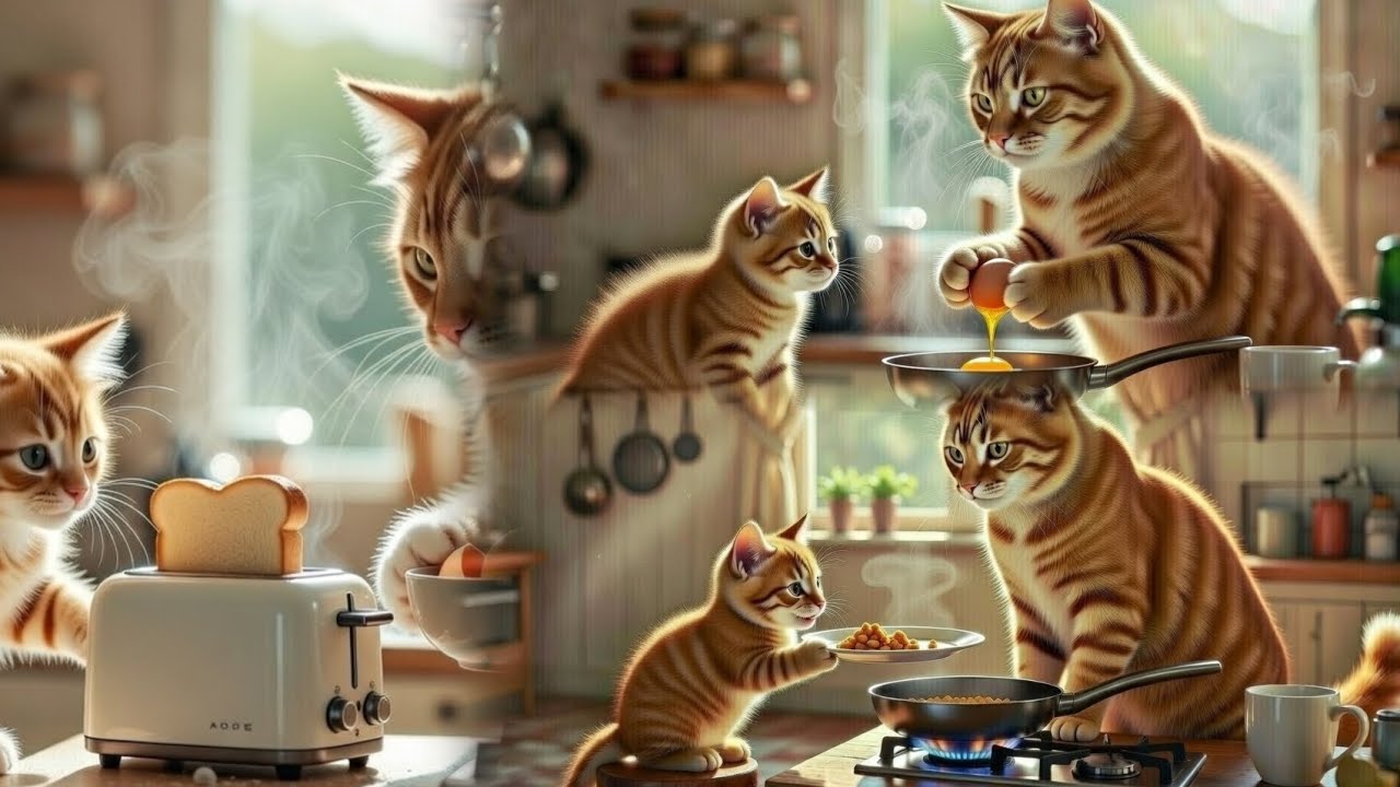 Cat making breakfast 