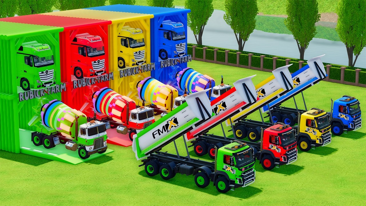 Garage with Colors - ALL MIXER TRUCK WITH DOUBLE FLATBED TRAILER TRUCK, MERCEDES, INTERNATIONAL, MAN