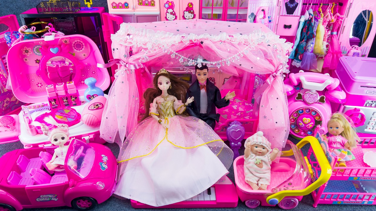 12 Minutes Satisfying Unboxing Barbie Princess Pink Bed, Bedroom Playset Review Toys