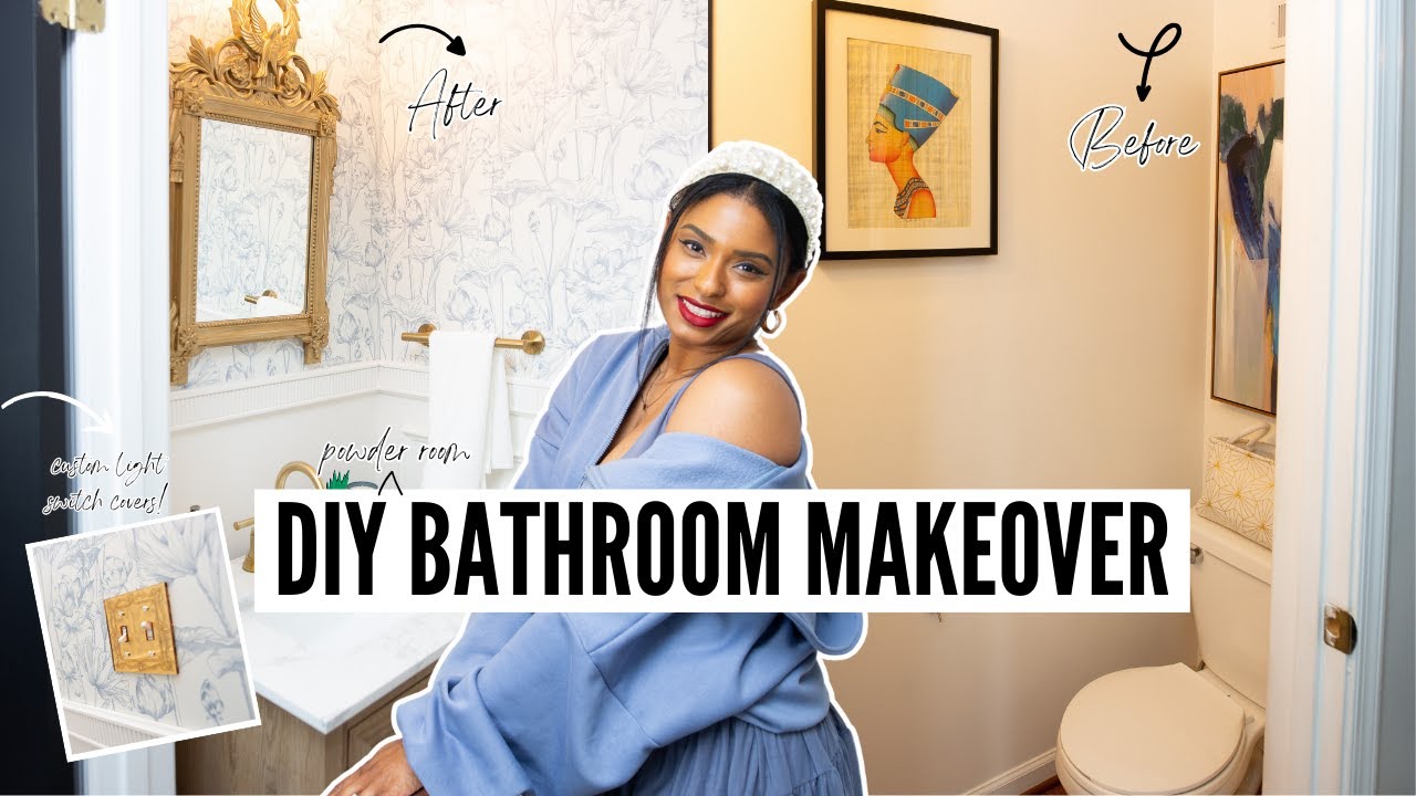 DIY POWDER ROOM MAKEOVER I DIY HOME MAKEOVER WITHOUT POWER TOOLS l EXTREME DIY SMALL BATHROOM