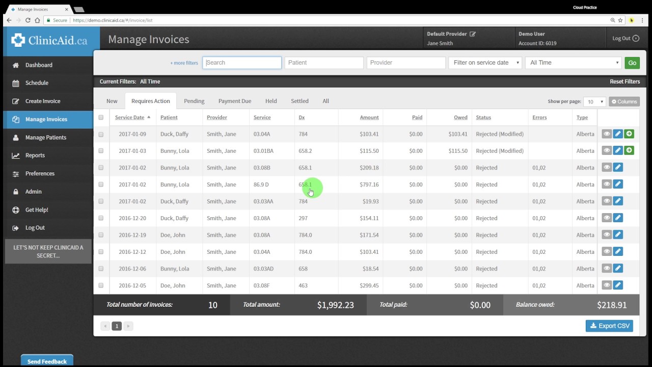 Managing Invoices in ClinicAid
