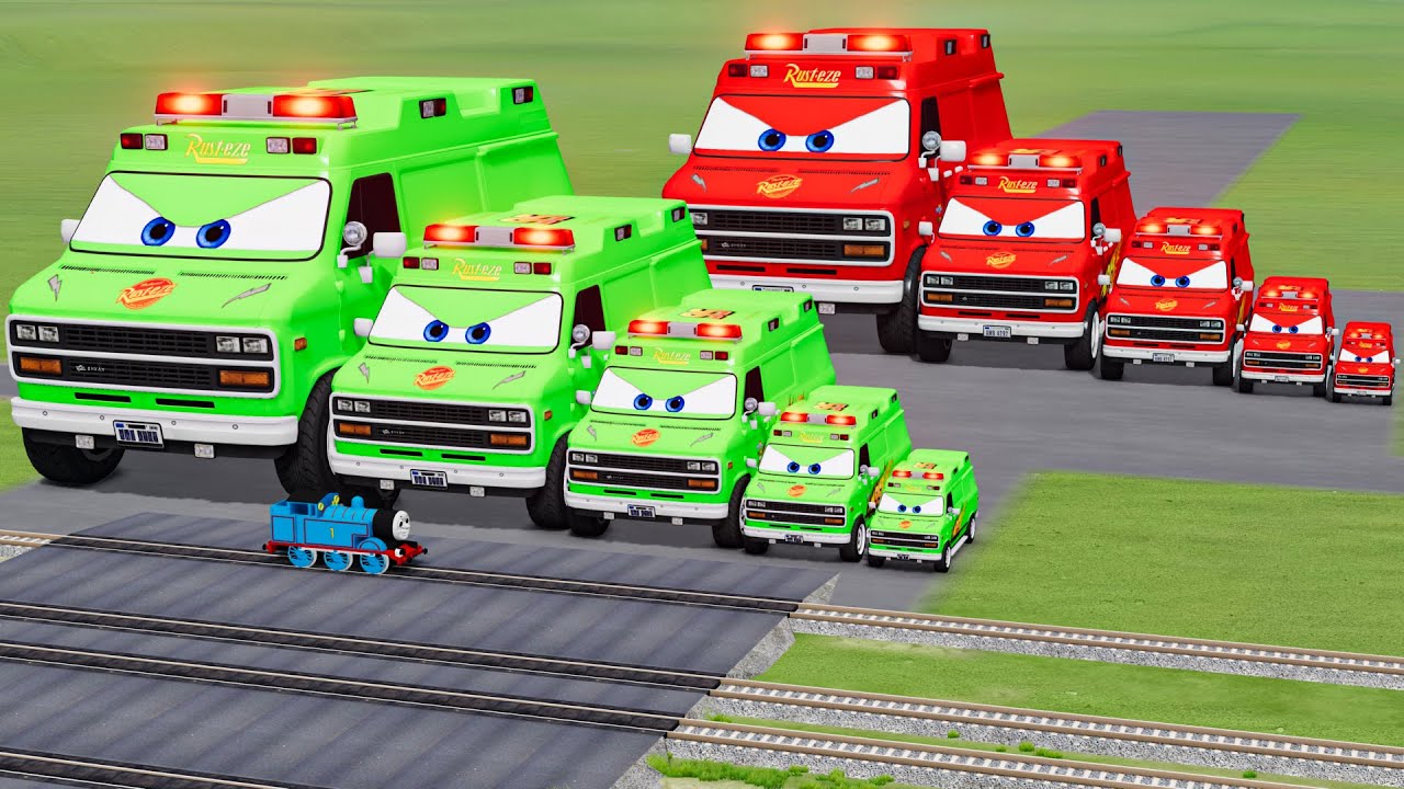Big & Small Colors Ambulance Lightning Mcqueen vs Train Thomas | BeamNG.Drive