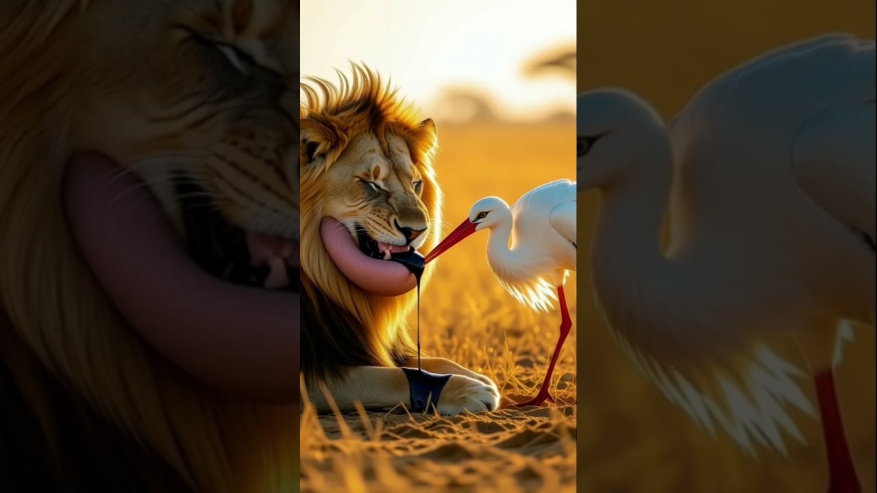 The White Stork Is Trying To Remove The Infaction Of Lion 🦁 #rescue #birds #animals #shorts