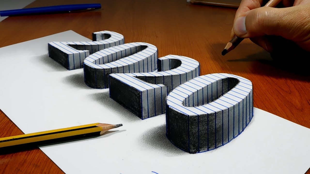 How to Draw 2020, 3D Drawing Trick Art On Line Paper