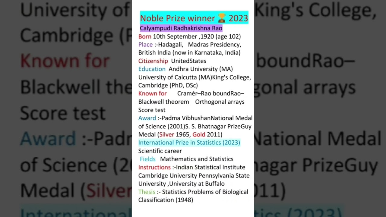 Indian American Statistician CR Rao who has been awarded #Nobel prize 2023#