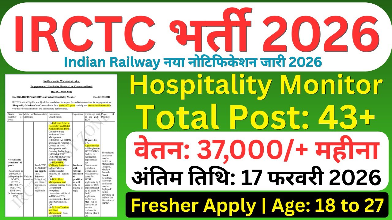 IRCTC Hospitality Monitors Recruitment 2025 | 43 Vacancies | Walk-in Interview | Salary ₹37,000