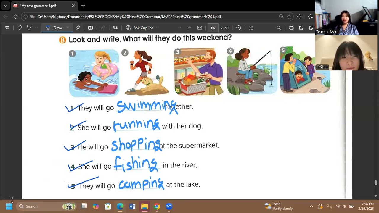 Rosie's class on 3 16 2026 Next Grammar 1 pp. 85-87